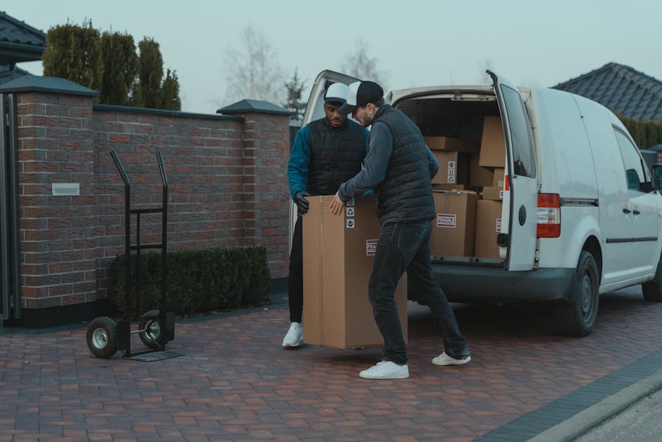 Two men wearing dark jackets and gloves are engaged in a home relocation task, lifting and carrying a large cardboard box from a white moving van parked on a paved driveway. The van's rear doors are open, revealing more boxes and packing materials inside. One man is standing inside the van, helping to guide the box, while the other is outside, lifting and maneuvering it onto a black hand truck with two wheels, positioned nearby. The driveway is bordered by a brick wall and a small hedge, with a house featuring a tiled roof visible in the background. During the loading process, the scene is illuminated by natural daylight under an overcast sky, illustrating the packing and furniture transport aspects involved in house removals, with Man and Van Chessington providing the logistical support for such moving services.